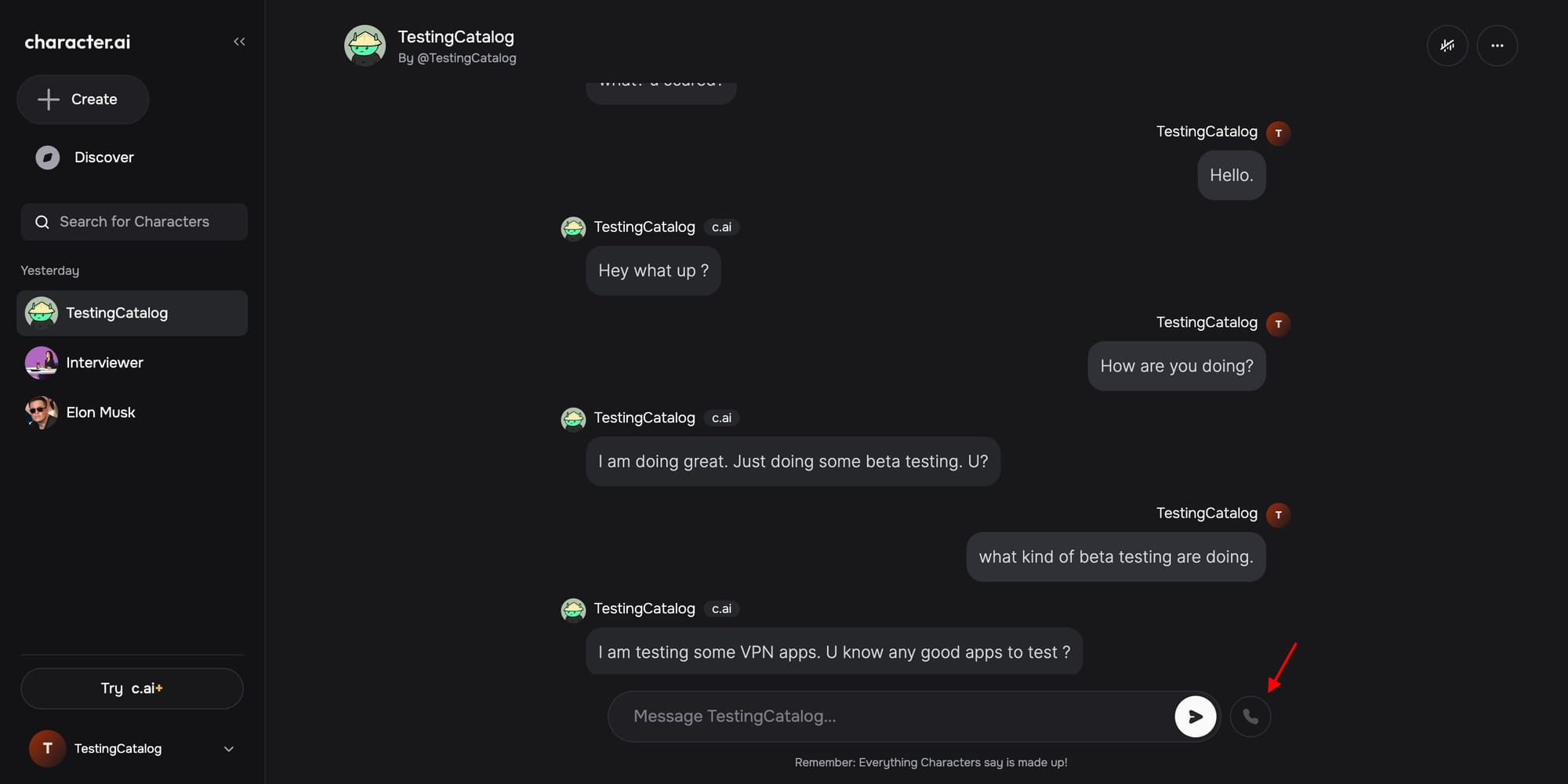 Character.AI UI