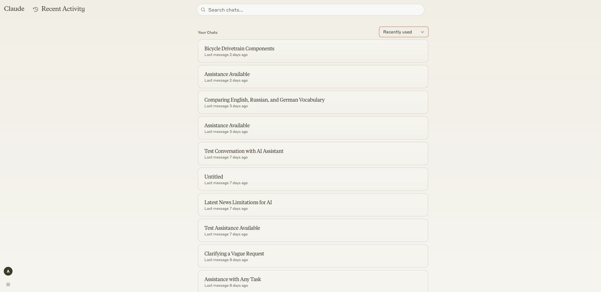 Recent Chats page on ClaudeAI